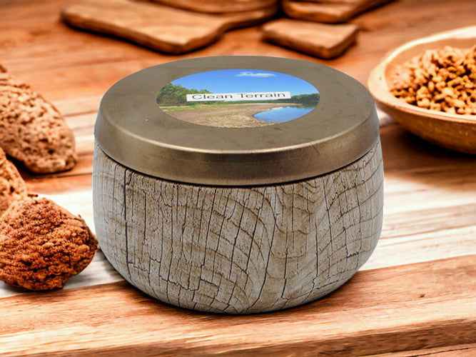 Clean Terrain - 8oz Tin - 2 Wick - Black/Wood