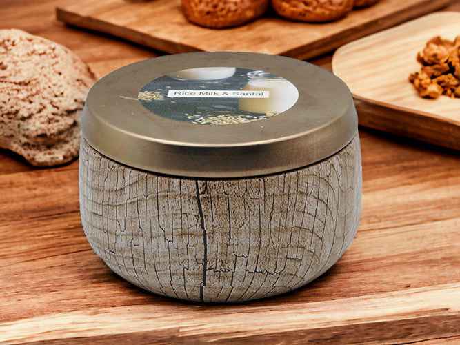 Rice Milk & Santal - 8oz Tin - 2 Wick - Black/Wood