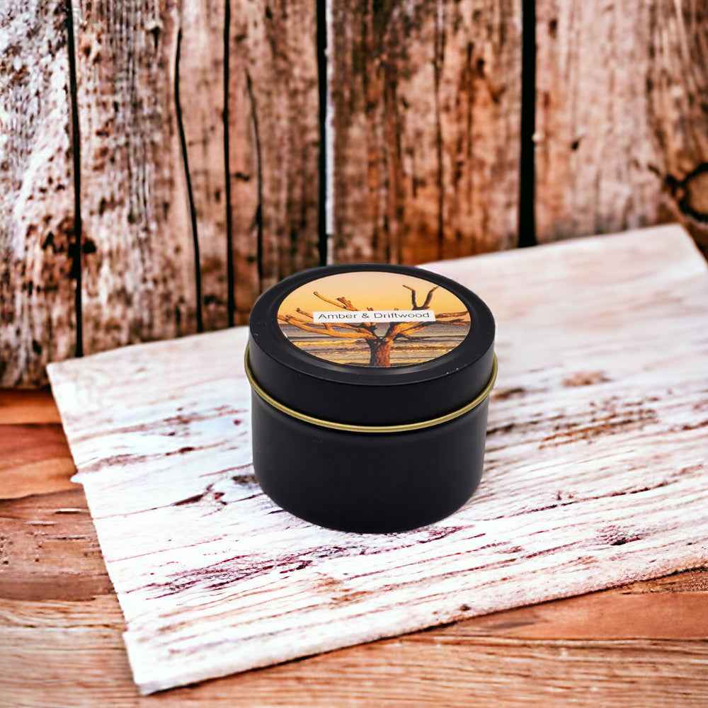 Amber & Driftwood  - 4oz Tin - 1 Wic - Black