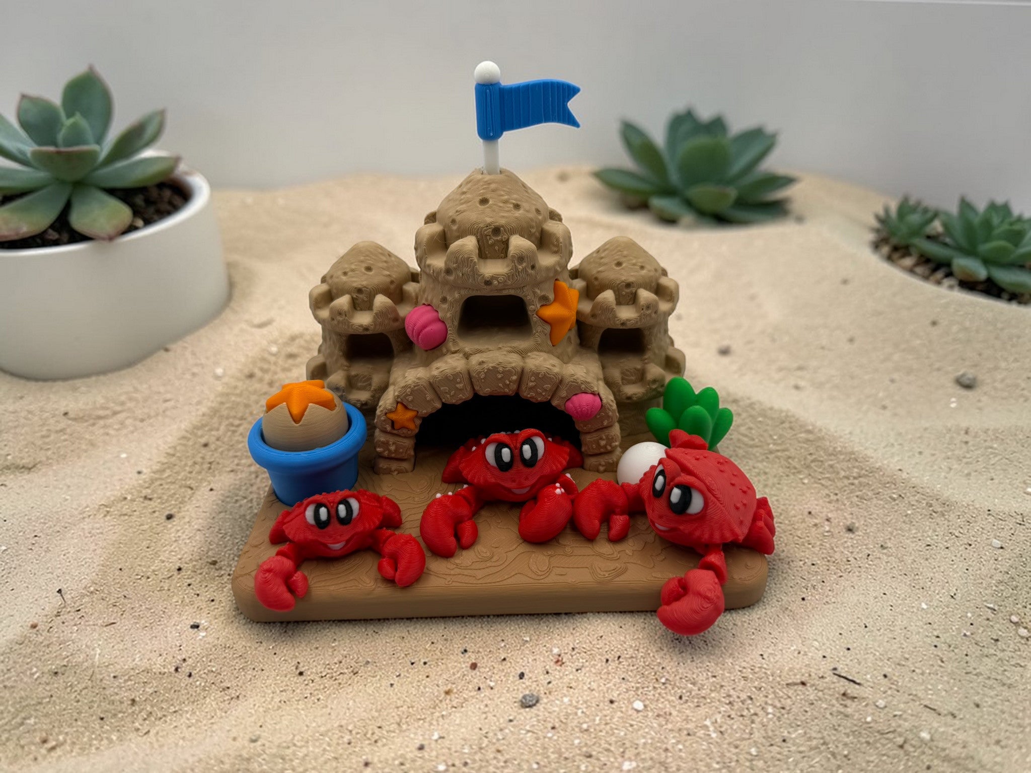 Crabs in a Sand Castle Playset with Fidget Clicker – 3D Printed Desk Toy & Beach Decor